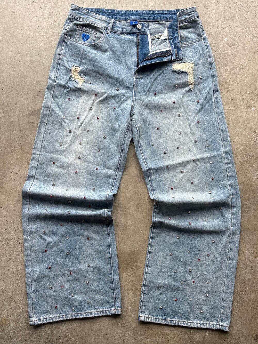 Aelfric Eden Baggy 36 Rhinestone embroidered denim wide leg Jean